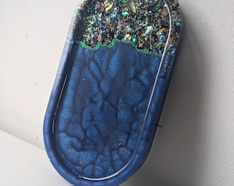 Resin Oval Trinket Tray, Iridescent Blue and Abalone, Jewellery Dish, Birthday Gift for Her, Display Tray, Vanity Decor, Kintsugi Style