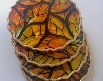 Monarch Butterfly Resin Coaster: Holographic Geode with Gold Edge