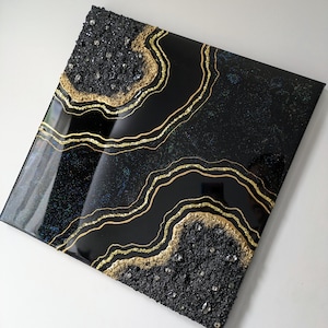 Black and Gold Resin Geode Wall Art, Crushed Glass Decor, Textured Wall Art, Bedroom Wall Decor, Neutral Art, Modern Geode Art, Bday Gift