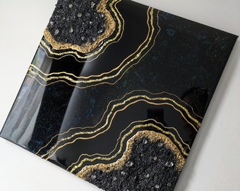 Black and Gold Resin Geode Wall Art, Crushed Glass Decor, Textured Wall Art, Bedroom Wall Decor, Neutral Art, Modern Geode Art, Bday Gift
