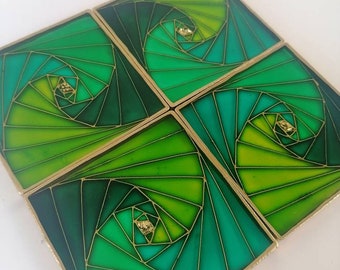 Green Zentangle Stained Glass Coaster Set with Holder
