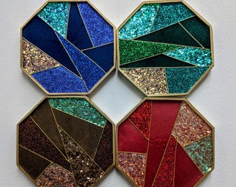Individual Hexagonal Coasters, Geometric Design, Iridescent and Glitter Resin Coasters, Table Decor, Housewarming Gift, Blue Red