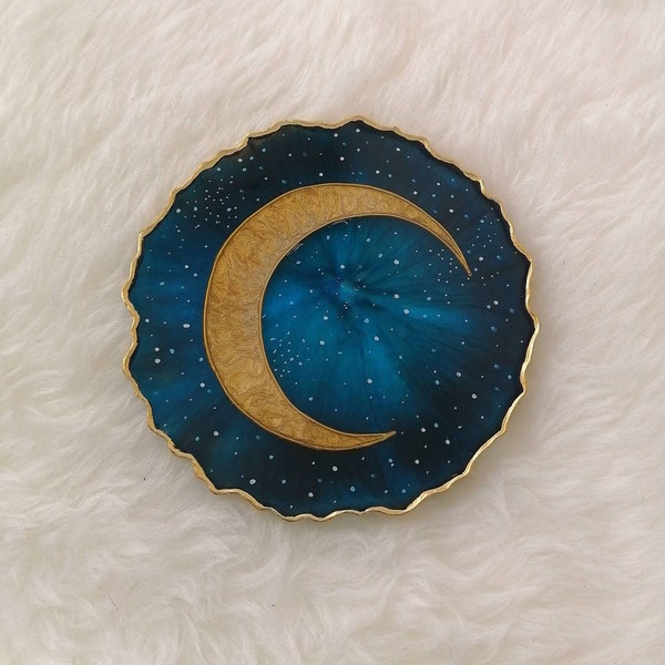 Gold Crescent Moon Resin Coaster: Celestial Galaxy Decor