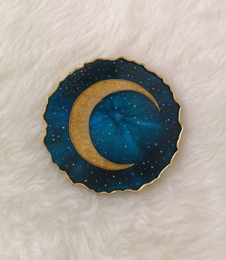 Gold Crescent Moon Resin Geode Coaster | Celestial Home Decor | Teacher Gifts | Housewarming Present | Galaxy Room Decor | Birthday Gift 