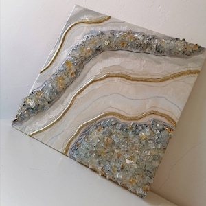 White and Gold Resin Geode Wall Art, Crushed Glass Decor, Textured Wall Art, Bedroom Wall Decor, Neutral Art, Modern Geode Art, Bday Gift