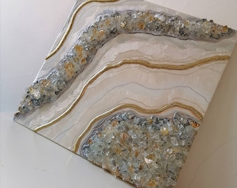 White and Gold Resin Geode Wall Art, Crushed Glass Decor, Textured Wall Art, Bedroom Wall Decor, Neutral Art, Modern Geode Art, Bday Gift