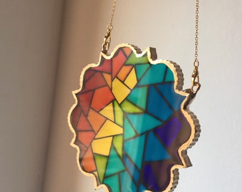 Geometric Resin Suncatcher: Multicoloured Faux Stained Glass Wall Hanging