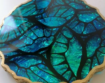Blue Morpho Butterfly Resin Coaster: Teal Holographic Geode