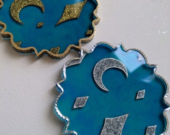 Celestial Resin Coaster: Glitter Moon & Stars Home Decor