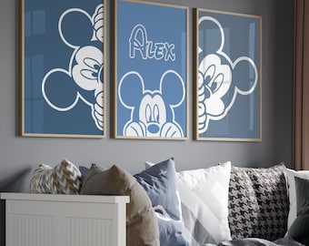 Aangepaste Mickey Mouse set van 3 prints kinderkamer muurkunst jongens kamer decor afdrukbare digitale posters gepersonaliseerde naambord peuter jongen print