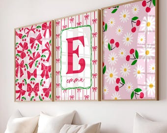 Personalized Cherry Bow Nursery Prints Set of 3, Coquette Girl Wall Art Daisy Flowers
