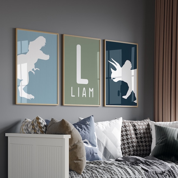 Wall Art Set of 3 Custom Dinosaur Nursery Prints Nursery Boy Room Decor Personalized Name Sign Toddler Boy Print Dino Wall Decor Printable