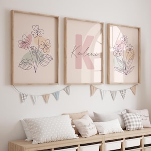 Juego de 3 impresiones de arte de pared con nombre personalizado, diseño de flores, contorno rosa, decoración para habitación de niña, impresión floral personalizada, botánica