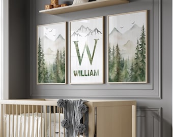 Mountain Nursery Wall Art Set of 3 Custom Forest Prints Watercolor Adventure Nursery Boy Room Decor Personalized Name Sign Initial Print