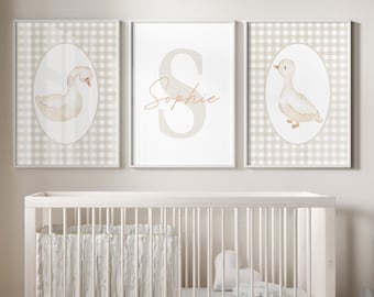 Set di 3 stampe di oche per bambine, decorazioni murali personalizzate, targhe con nome personalizzato, stampe di animali da fattoria, poster stampabili per ragazze