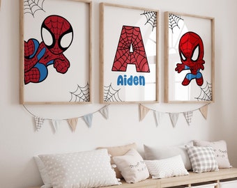 Spiderman Themed Wall Art Set of 3 Custom Prints Nursery Superhero Boys Room Decor Digital Posters Personalized Name Sign Toddler Boy Print
