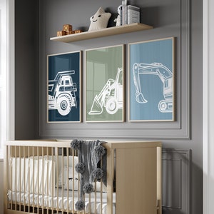 Set of 3 Wall Art Prints Kids Construction Vehicle Nursery Gift Printable Boy Room Decor, Truck Nursery Decor, Dump Truck Excavator Posters