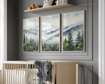 Wall Art Prints Set of 3 Piece Mountain Pine Forest Watercolor Landscape Wall Decor Print Abstract Nature Nursery Wall Set Modern Home Decor