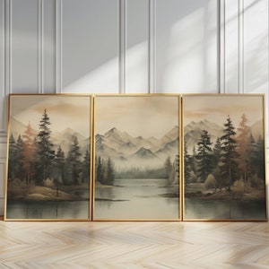 Wand Kunst 3-er Set Drucke Bergwald See Aquarell Vintage Landschaft Wand Dekor Print Abstrakte Natur Kinderzimmer Wand Dekor
