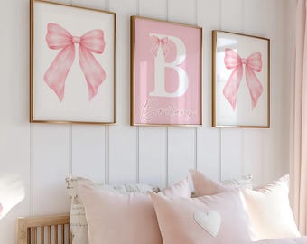 Pink Bow Nursery Prints Set of 3, Personalized Name Wall Art Girl Room Decor