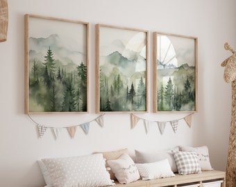3 Piece Wall Art Prints Sage Green Pine Forest Watercolor Mountain Landscape Nursery Wall Decor Print Abstract Nature Wall Set Home Decor