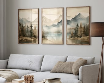 Set of 3 Piece Wall Art Prints Mountain Lake Forest Watercolor Vintage Landscape Wall Decor Print Abstract Nature Nursery Wall Set Decor