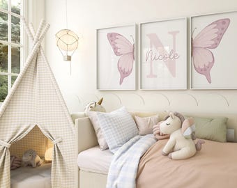 Butterfly Wall Art Set of 3 Custom Prints Nursery Girl Room Decor Personalized Name Sign Watercolor Prints Girly Art Printable Posters