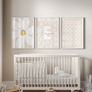 Juego de 3 impresiones de arte de pared con margaritas, decoración personalizada para habitación de niña, letrero con nombre personalizado, impresiones de flores, arte de pared imprimible floral, estilo bohemio neutro