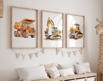 Juego de 3 impresiones artísticas de pared de camiones de construcción para niños, regalo de guardería, decoración imprimible para habitación de niño, decoración de guardería, arte de pared para imprimir carteles
