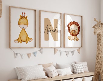 Juego personalizado de 3 impresiones de animales de safari para pared, decoración de habitación infantil, letrero con nombre personalizado, inicial, león, jirafa