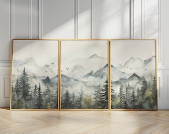 Watercolor Mountain Set of 3 Piece Wall Art Prints Pine Forest Landscape Wall Decor Print Abstract Nature Gallery Wall Set Modern Home Decor