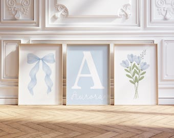 Custom Blue Bow Set of 3 Prints Personalized Floral Wall Art Girl Room Decor