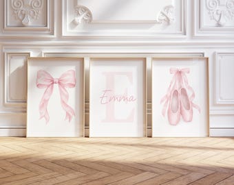 Personalized Ballet Bow Watercolor Nursery Prints Set of 3, Pink Girly Coquette Wall Art