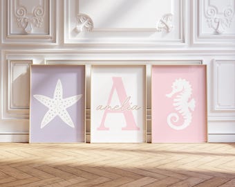Personalized Coastal Nursery Prints, Set of 3, Girls Room Decor Starfish Sea Horse