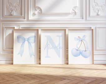 Blue Bow & Cherries Set of 3 Custom Prints Wall Art Personalized Nursery Girl Decor