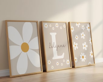 Custom Daisy Wall Art Set of 3 Prints Personalized Name Nursery Girl Room Decor
