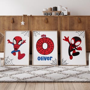 Juego de 3 impresiones artísticas de pared personalizadas con temática de Spiderman, decoración de habitación infantil de superhéroes para niños, carteles digitales con nombre personalizado, impresión para niño pequeño