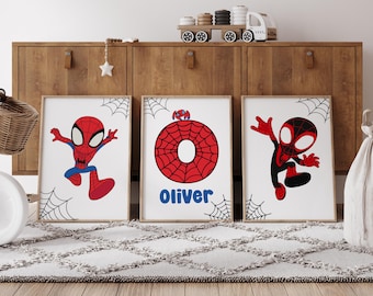 Custom Spiderman Themed Wall Art Prints Set of 3 Nursery Superhero Boys Room Decor Digital Posters Personalized Name Sign Toddler Boy Print