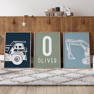 Custom Set of 3 Wall Art Print Construction Nursery Digger Toddler Boy Room Decor Dump Truck Personalized Name Sign Prints Child Kids