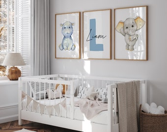 Juego de 3 impresiones de arte de pared personalizado con animales de safari para guardería, decoración de habitación de niño, letrero con nombre personalizado, impresión inicial, león, jirafa