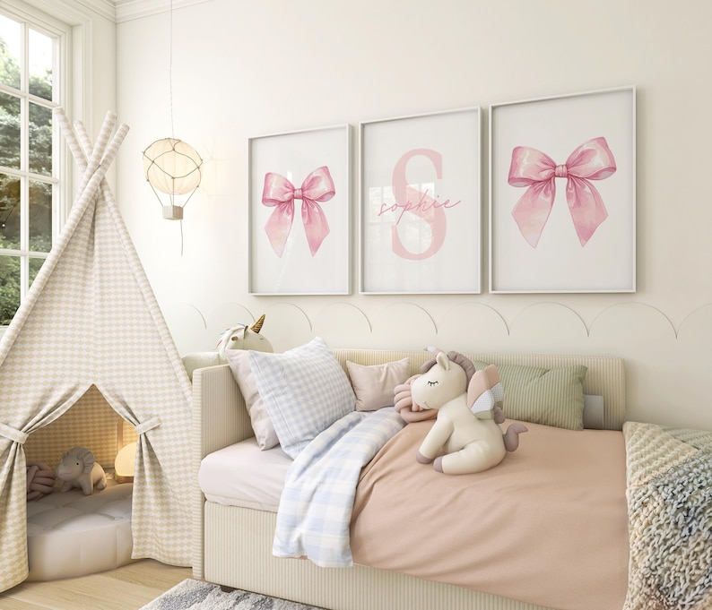 Set of 3 Pink Bow Prints Custom Wall Art Nursery Girl Room Decor ...