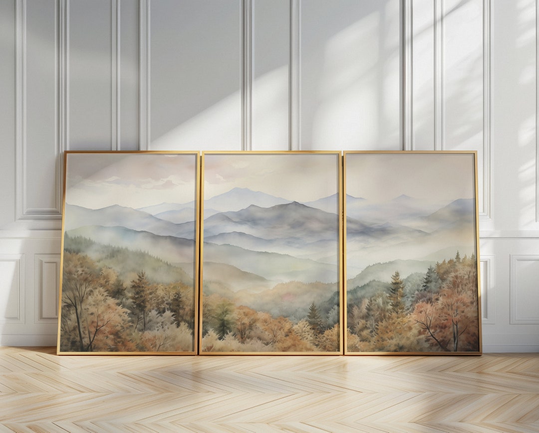 Set of 3 Piece Wall Art Prints Mountain Autumn Forest Watercolor ...