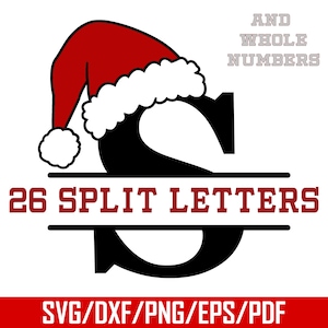 Pode incluir: Um design de letra "S" preta dividida com um gorro de Papai Noel vermelho e o texto "26 Split Letters". O texto adicional inclui "And Whole Numbers" e "SVG/DXF/PNG/EPS/PDF".