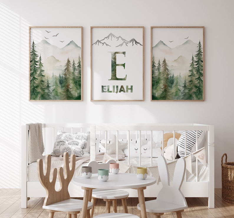 Mountain Nursery Wall Art Set of 3 Custom Forest Prints Watercolor ...