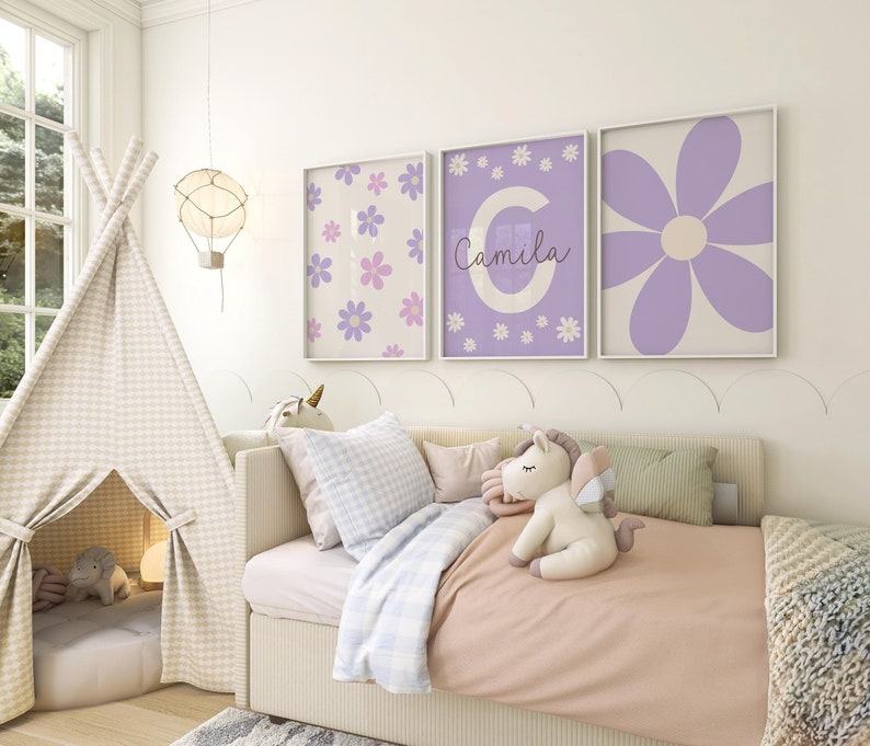Custom Daisy Wall Art Set of 3 Prints Nursery Girl Room Decor Personalized Name Sign Print Floral Printable Wall Art Neutral Lilac Purple