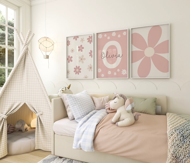 Daisy Wall Art Set of 3 Prints Custom Nursery Girl Room Decor ...
