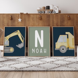 Custom  Set of 3 Prints Wall Art Nursery Construction Trucks Toddler Boy Bedroom Decor Digger Bulldozer Personalized Name Prints Child Kids