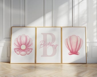 Seashells Wall Art Custom Set of 3 Prints Personalized Name Sign for Girls Room Nursery Decor Coastal Beach Watercolor Printable Posters