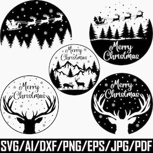 Puede incluir: Diseños navideños en blanco y negro. Los diseños incluyen a Papá Noel en un trineo, renos, paisajes montañosos y siluetas de ciervos. Cada diseño es circular e incluye el texto "Merry Christmas" y copos de nieve. También se incluyen opciones de formato de archivo.