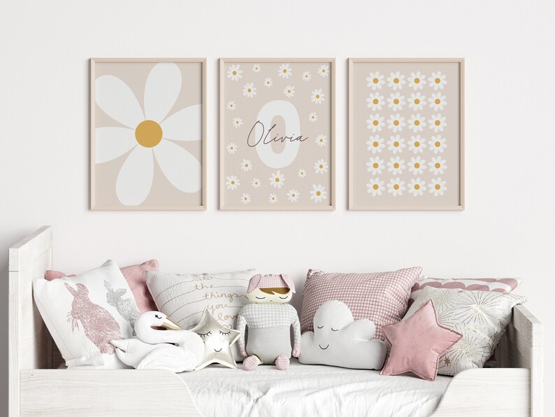 Daisy Wall Art Prints Set of 3 Custom Nursery Girl Room Decor Personalized Name Sign Flower Prints Floral Printable Wall Art Boho Neutral image 8